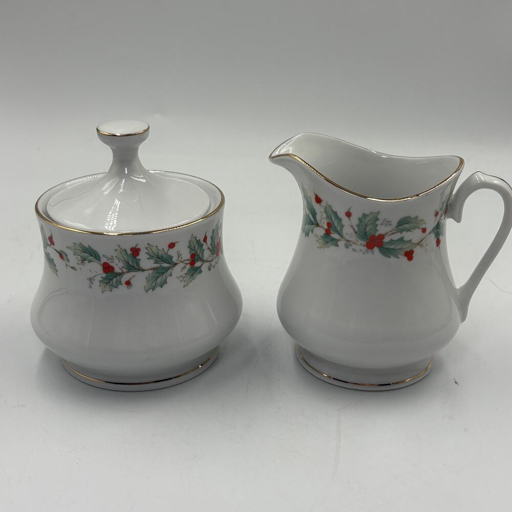 China Pearl Noel Fine China Sugar Bowl & Creamer Holly Berries Gold Trim